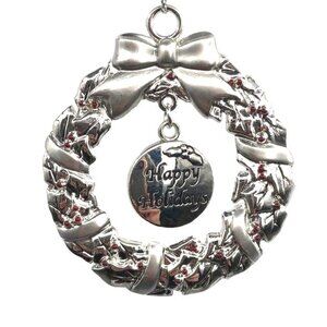 Ganz Pewter Wreath Ornament Engravable Red Stones Happy Holidays New Open Packag